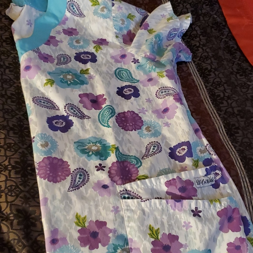 3 scrub tops and 1 pair of pants